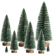 four small trees are standing on wooden bases