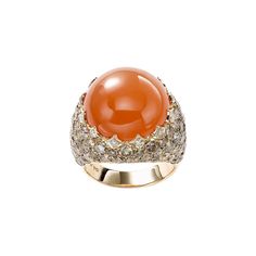 18k Yellow Gold Center Stone: Orange Cabochon Moonstone, 17.61ct Diamonds: Round Brilliant Champagne, 5.76tcw This is a one-of-a kind ring, currently available. Cocktail Ring, Cocktail Rings, Round Brilliant, Moonstone, Heart Ring, Champagne, Gemstone Rings, Diamonds, Yellow Gold