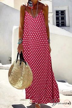 Polka Dots Print Sling V-neck Sleeveless Holiday Maxi Dress Comfy Travel Outfit, Maxi Dress Red, Holiday Maxi Dress, Summer Tank Dress, Maxi Dress Summer, Pocket Maxi Dress, Sleeveless Dresses Casual, Travel Outfit Summer, Dresses By Length