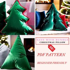 three christmas pillows are shown with the same color as they appear to be in different styles