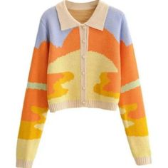 Retro Style Painted Cardigan Like Lisa From Blackpink Achieve A Preppy Look By Matching This With A Neutral-Colored Pleated Skirt And Loafers Knitted Type Button Placket Polo Collar Relaxed Fit Length 20" Pit To Pit 18" Sleeve 27" Trendy Pastel Sweater For Spring, Yellow Long Sleeve Spring Sweater, Casual Yellow Spring Sweater, Trendy Yellow Spring Sweater, Multicolor Winter Tops For Day Out, Multicolor Spring Sweater For Day Out, Casual Yellow Summer Cardigan, Retro Orange Spring Cardigan, Chic Yellow Sweater For Spring