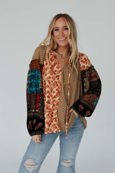 Aegina Printed Top - Camel | Three Bird Nest Bohemian Patchwork Blouse For The Beach, Bohemian V-neck Top With Boho Print, Fall Bohemian V-neck Blouse, Multicolor V-neck Peasant Top For Festival, Bohemian Patchwork Blouse For Vacation, Bohemian V-neck Peasant Top With Floral Print, Bohemian V-neck Blouse With Boho Print, Bohemian Multicolor Relaxed Fit Blouse, Beige Patchwork Tops For Summer