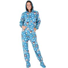 Winter wonders abound in these whimsical feel good footie pajamas for men and women! Polar bears ski and penguins snowboard past igloos and the North Pole sign during a blizzard as snowflakes fall with fury! Soft and durable polar fleece will bring comfort and last all season long! Features include front pockets and hoodie. High quality, durable and fun! White Relaxed Fit Winter Sleepwear, Cozy Super Soft Onesie For Winter, Super Soft Winter Sleepwear, Cozy Super Soft Winter Onesie, Cozy Winter Sleepwear With Relaxed Fit, Cozy Fleece Sleepwear For Winter, Comfortable Fleece Sleepwear For Winter, Comfortable Hooded Winter Sleepwear, Super Soft Hooded Winter Sleepwear