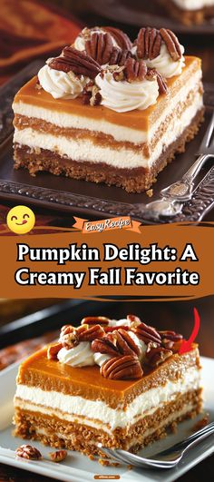 pumpkin delight a creamy fall favorite dessert with whipped cream and pecans in the middle