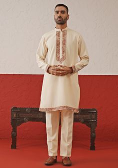 Cream Georgette Kurta Set Kalpraag - Fabilicious Fashion Indian Wedding Clothes For Men, Georgette Kurta, Mens Wear Wedding, Men's Ethnic Wear, Vacuum Storage, Indian Wedding Wear, Wedding Clothes, Matching Pants, Kurta Set