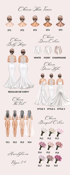 the different types of wedding gowns are shown in this graphic style, and each has their own color scheme