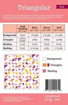 the pattern for triangle quilts is shown in pink, yellow and orange colors with white triangles