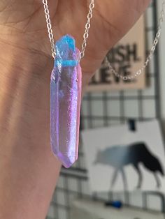 "This necklace is like cotton candy. The blue and pink together just make you happy! Imagine wearing two of these and layering them. See pics for how I did it. Angel Aura Quartz is an angelic stone, bringing its wearer optimism and positivity wherever you go. ▲ Blue & pink Angel Aura Quartz stick ▲ Choose antique brass, sterling silver or 14k gold cable chain ▲ Available in chain length of your choosing ▲ Hypoallergenic ▲ Comes gift-ready in a beautiful white jewelry box ▲ Handmade just for Trendy Pink Crystal Necklaces As Gift, Trendy Pink Crystal Necklaces For Gifts, Trendy Pink Crystal Necklace For Gift, Trendy Pastel Jewelry For Gifts, Pink Stone Jewelry, Pink Aura Quartz, Raw Crystal Pendant, Aura Quartz Crystal, Magical Stones