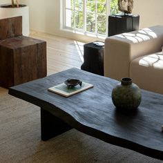 a living room with two couches and a coffee table in front of a window