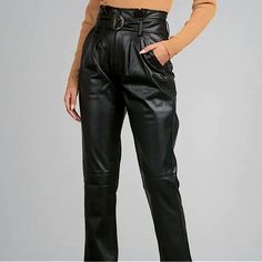 Black Faux Leather Pants High Waisted Belt Back Pockets 55% Polyester 45% Pu Dry Clean Belted High Waist Bottoms For Date Night, Belted Bottoms For Date Night, Chic Belted Bottoms For Date Night, Trendy Pants With Belt Loops For Going Out, High Rise Pants With Belt Loops For Fall, High-rise Pants With Belt Loops For Fall, Faux Leather Straight Leg Pants With Belt Loops, Straight Leg Faux Leather Pants With Belt Loops, Leather High-waisted Pants For Going Out