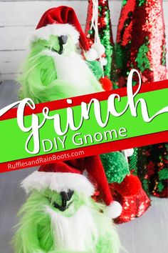 the grinch diy gnome is on display in front of some christmas tree decorations