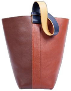 Textured Calf Leather Bucket Bag, Designer Brown Top Handle Bucket Bag, Brown Calf Leather Bucket Bag With Handle Drop, Brown Calf Leather Top Handle Bucket Bag, Brown Calf Leather Bucket Bag, Brown Calf Leather Bucket Bag For Everyday, Designer Brown Bucket Bag With Double Handle, Calf Leather Bucket Bag With Smooth Grain, Designer Brown Double Handle Bucket Bag