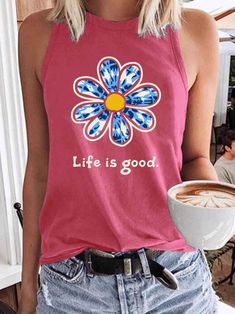 Floral & Letter Print Top, Casual Crew Neck Versatile Sleeveless Top, Women's Clothing Top Summer Outfits, Geometric Pattern Blue, Summer Outfits Women Over 40, Womens Sleeveless Tops, Printed Sleeveless Top, Casual Tank Tops, Crew Neck Shirt, Grey Women, Sleeveless Tank Top