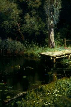 a painting of a wooden dock in the middle of a pond with water lillies