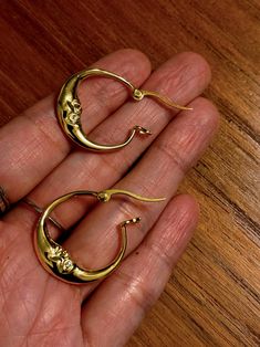 Gold Crescent Hoop Earrings With Ear Wire, Gold Crescent Hoop Earrings In Brass, Celestial Style Brass Hoop Earrings For Gift, Celestial Style Yellow Gold Hoop Earrings, Gold Celestial Small Hoop Earrings, Celestial Yellow Gold Hoop Earrings, Gold Half Moon Hoop Earrings, Celestial Style Yellow Gold Round Hoop Earrings, Celestial Yellow Gold Round Hoop Earrings