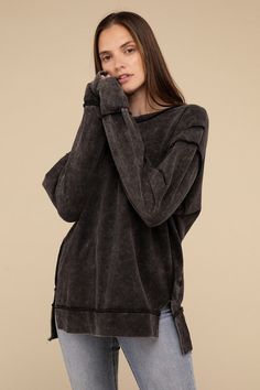 Casual Washed Black Tops For Fall, Long Sleeve Tops With Frayed Hem And Relaxed Fit, Cozy Cotton Tops For Casual Gatherings, Washed Black Winter Tops, Fall Loungewear Washed Tops, Frayed Hem Tops For Fall Layering, Fall Layering Tops With Frayed Hem, Washed Black Tops For Layering In Fall, Washed Black Top For Fall Layering