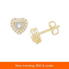 in stock Gold Diamond Earrings From Macy's As A Gift, Macy's Gold Diamond Earrings For Anniversary, Macy's 14k Gold Diamond Earrings For Anniversary, Macy's Cubic Zirconia Diamond Earrings For Anniversary, Yellow Gold Brilliant Cut Heart Earrings For Anniversary, Yellow Gold Heart Diamond Earrings With Prong Setting, Yellow Gold Heart Earrings With Brilliant Cut For Anniversary, Macy's Gold Diamond Earrings, Macy's Diamond Earrings For Anniversary