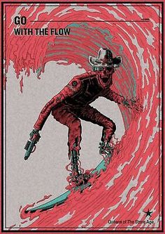 a man riding a surfboard on top of a wave in red and black ink