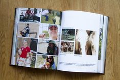 an open book with pictures of people and animals in it on a wooden table top