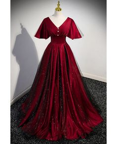 Get 10% off now! Buy modest vneck satin and tulle formal dress with puffy sleeves at cheap price online. Free stable shipping and pro custom service since 2009. Wine Red Prom Dress, Tulle Formal Dress, Prom Dress Burgundy, Prom Dress Pictures, Princess Prom Dresses, A Line Evening Dress, V Neck Prom Dresses, Corset Dress Prom, Prom Dresses Gowns