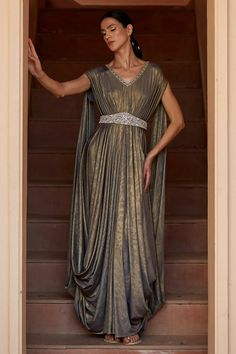 Roman Dress, Drape Gown, Draped Gown, Drape Gowns, Gown For Women, Embroidered Belt, Dress Design Patterns, Gowns Online, Indian Fashion Designers