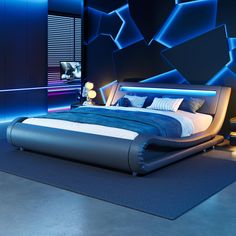 a modern bedroom with blue lighting and an upholstered bed in the middle,