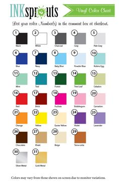 the ink sprouts color chart with different colors and numbers for each sample item