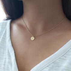 Custom Initial Necklace, hand stamped disc for your choice. Very delicate, simple and dainty necklace.A special gold initial disc connected to 14 K gold filled chain . Great idea gift for anniversary, Mother's Jewelry, best Friends, sister and co. Special holiday gift for someone you LOVE;) ****Please specify your letter in the "note to seller"  box before checkout***Necklace  Measures Approximately 17"Made from 14k gold filled or sterling silver.Initial disc Measures Approximately 0.4"If you wo Minimalist Initial Pendant Charm Necklace With Birth Flower, Minimalist Birth Flower Charm Necklace With Initial Pendant, Minimalist Birth Flower Initial Pendant Charm Necklace, Minimalist Birth Flower Initial Pendant Necklace, Minimalist Gold Charm Necklace With Birth Flower, Personalized Dainty Coin Necklace For Gift, Simple Round Pendant Initial Necklace As Gift, Minimalist Initial Pendant Coin Necklace For Gift, Minimalist Initial Pendant Coin Necklace As Gift