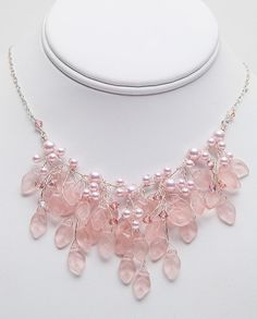 Pink Bridal Necklace, Floral Jewelry, Pink Bib Necklace, Pink Statement Necklace, Pink Wedding Jewelry, Leaf Necklace, Faerie Necklace Pink Wedding Necklace, Pink Elegant Ceremonial Necklaces, Pink Wedding Necklaces With Intricate Design, Pink Flower Shaped Necklace For Weddings, Bohemian Pink Wedding Necklace, Pink Winter Wedding, Winter Wedding Jewelry, Vine Jewelry, Pink Statement Necklace