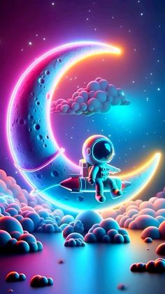 an astronaut is sitting on the moon with clouds and stars in the sky behind him