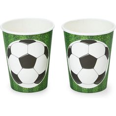 two paper cups with soccer balls painted on them