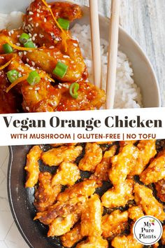 an image of a plate of food with chopsticks in it and the title vegan orange chicken