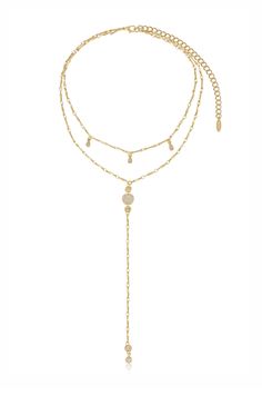 18kt gold plated or Rhodium Zinc + Brass One entire necklace First layer length: 14.5 Inches Second layer length: 16.5 Inches + 5.5 Inch lariat drop 5 Inch extender Gold Dangle Chain Necklace For Layering, Adjustable Long Drop Gold Necklace, Gold Double Strand Lariat Necklace With Delicate Chain, Gold Double Strand Lariat Necklace With Adjustable Chain, Gold Multi-strand Lariat Necklace For Layering, Gold Double Strand Lariat Necklace For Layering, Adjustable Gold-plated Layered Necklace, Gold Lariat Necklace With Long Drop Chain, Gold Drop Necklace With Adjustable Chain For Layering