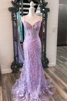 Prom Dresses Lavender, Long Fitted Dresses, Spaghetti Strap Prom Dress, Lavender Floral, فستان سهرة, Gala Dresses, Mermaid Fashion