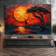 an abstract painting of a giraffe standing in front of a sunset and tree