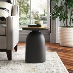 a living room with a chair, table and potted plant on the floor in front of a window