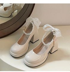 Lasaky - Vintage Pearl Butterfly Mary Jane Pumps Sweet High Heel Shoes White Mary Jane Heels, White Mary Janes, White Vampire, Elegant Shoes Heels, Princess Heels, Vintage High Heels, Thick Heel Shoes, Mary Jane High Heels, Rough Heels