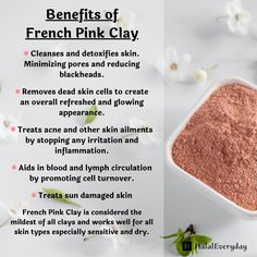 French Pink Clay Pink French Clay is a combination of red and white clay. It is considered to be the mildest of all the clay's and works well for normal, sensitive and mature skin types. Benefits: French Pink Clay can be used to cleanse and detoxify the skin, remove dead skin cells and create and overall refreshed appearance. It can also be used to treat acne and other skin ailments; poor blood and/or lymph circulation and sun damaged skin. Application: French Pink Clay can be used in detoxifyin Pink Clay Recipe, Pink Clay Soap Recipe, Clay Mask Benefits, Moroccan Red Clay Mask, Diy Clay Mask, Herb Benefits, Rose Clay Face Mask, Diy Home Spa, Product Ingredients