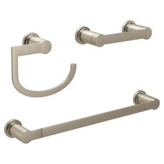 an image of bathroom accessories set in brushed stainless steel with towel bar and toilet paper holder