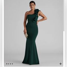 Never Worn With Tags! Fit And Features One-Shoulder Neckline Strapless Or Adhesive Bra Recommended Ruffled Design On The Left Shoulder Back Zipper, Hook And Eye Closure Mermaid Silouette Crepe Fabric Form-Hugging Fit, Moderate Stretch Runs True To Size Emerald Green Formal Dress Off Shoulder, One Sleeve Emerald Green Dress, Emerald Green Off Shoulder Bridesmaid Dresses, One Shoulder Green Dress Evening Gowns, Kelly Green One Shoulder Dress, Green One Shoulder Dress Jewelry, Dark Green Bridesmaid Dresses One Shoulder, Emerald Green Dress Accessories Formal, Emerald Green Bridesmaid Dresses One Shoulder