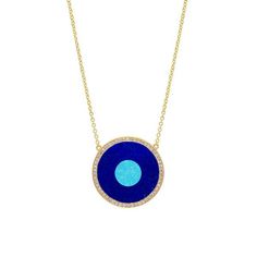 Jennifer Meyer | Lapis Inlay Evil Eye Necklace with Diamonds Luxury Blue Pendant Diamond Necklace, Luxury Blue Diamond Pendant Necklace, Luxury Blue Medallion Jewelry, Blue Diamond Evil Eye Jewelry, Luxury Blue Necklaces With Single Cut Diamonds, Blue Round Necklaces With Single Cut Diamonds, Luxury Blue Necklace With Single Cut Diamonds, Gold Diamond Necklace With Cabochon, Blue Diamond Jewelry With Single Cut Diamonds