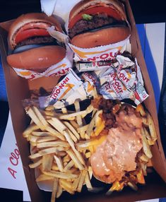 two hamburgers, fries and cheeseburger in a box