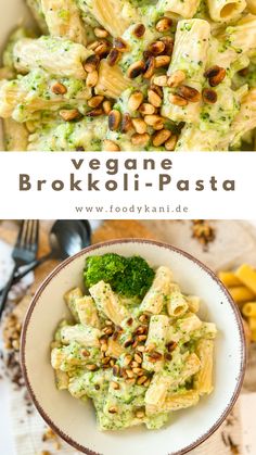 broccoli pasta with pesto and pine nuts in a white bowl