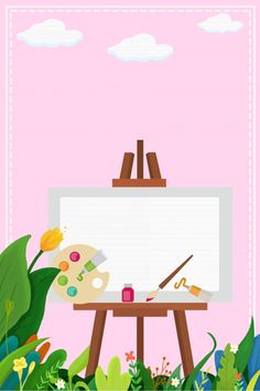 an easel with paint, brush and palette on it in front of a pink background