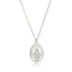 I promise to watch over you, now and forever. The sterling silver Miraculous Mary Medal Necklace showcases the Mother Mary beautifully etched on the pendant. A constant reminder that the one you love is always protected and loved by those around her. A perfect girl's First Communion gift or a precious baptism gift, this girl's Miraculous Mary Medal necklace is set on an adjustable chain to fit most ages and sizes and can be worn throughout her life.  Arrives with luxury gift wrap for you to deli Silver Sterling Oval Charm Necklaces, Silver Oval Sterling Silver Charm Necklace, Oval Silver Sterling Silver Charm Necklaces, Spiritual Silver Necklace With Engraving Option, Sterling Silver Miraculous Medal Jewelry, Silver Medallion Necklace For Memorials, Silver Medallion Necklace For Memorial, Silver Jewelry With Miraculous Medal For Gift, Spiritual Sterling Silver Necklace With Miraculous Medal