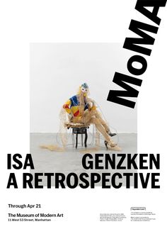 an advertisement for the museum of modern art featuring a man sitting on a chair with his legs crossed