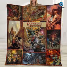 a woman is holding up a blanket with images of the characters in the video game