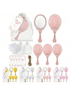 a set of pink and white hair combs, mirrors, and other assorted accessories