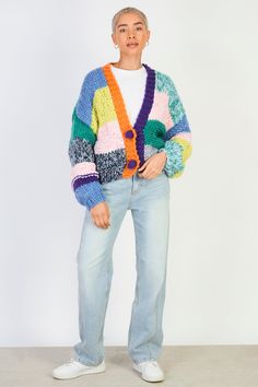 - Measurements: 1. Chest: 62cm, 2. Length: 54cm- Materials: 50% polyester, 50% acrylic- Thickness: Moderate- Sheerness: None- Stretch: Low- Lining: None- Care: Gentle wash cold and dry in shade Multicolor Color Block Cardigan, Multicolor Knitted Outerwear For Layering, Multicolor Color Block Outerwear For Layering, Multicolor Acrylic Outerwear For Layering, Blue Trendy Cardigan With Patchwork, Trendy Blue Patchwork Cardigan, Multicolor Winter Cardigan For Layering, Trendy Blue Cardigan With Patchwork, Winter Multicolor Cardigan For Layering