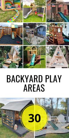 the backyard play area is made from wooden pallets and has various slides, swings, and